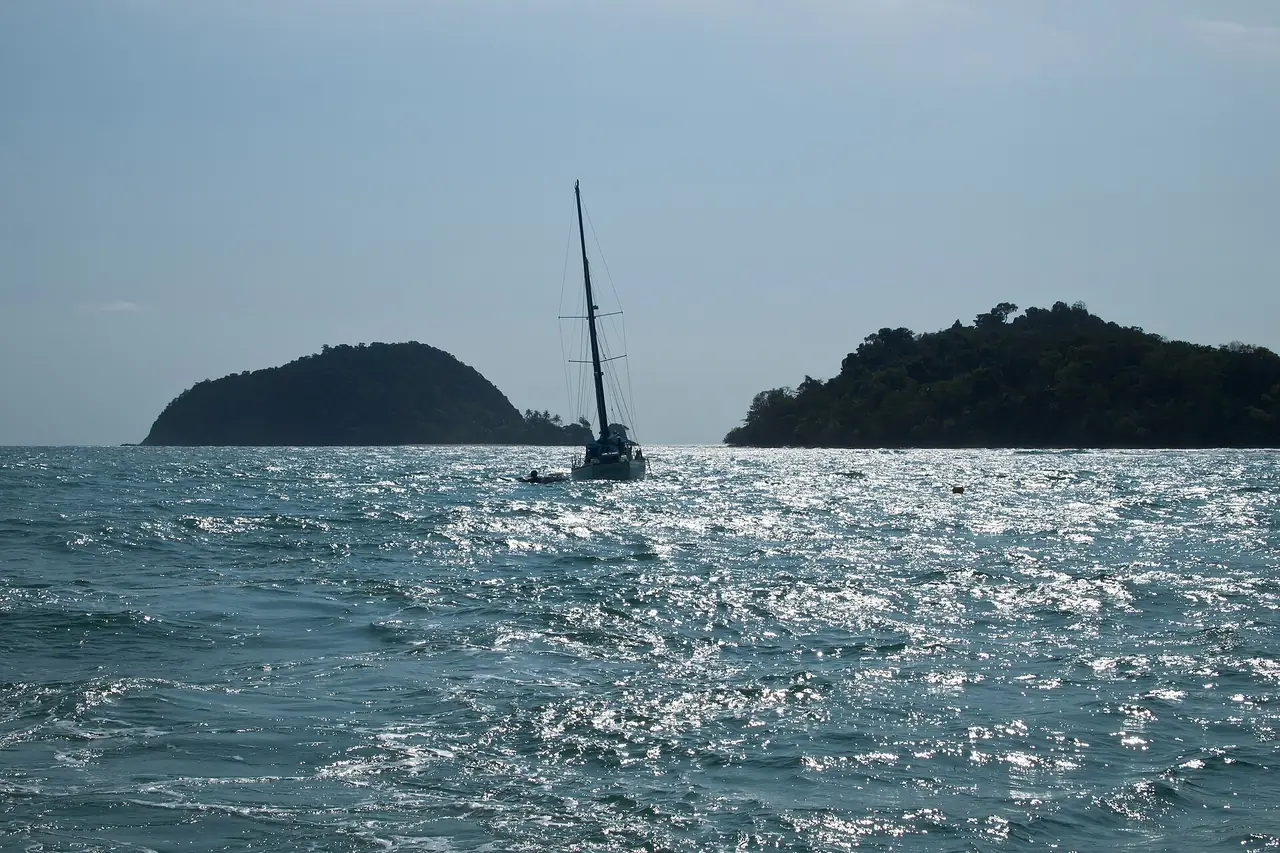 เรือใบและเกาะเล็กสองเกาะกลางทะเลอ่าวไทยใกล้เกาะหมาก ภาพจาก Wikimedia Commons ผู้ถ่าย Vyacheslav Argenberg สัญญา CC BY 4.0 ชื่อไฟล์ระบุว่าเป็นเรือยอชต์ในอ่าวไทย ไม่ระบุชื่อเกาะ เป็นภาพประกอบบรรยากาศ